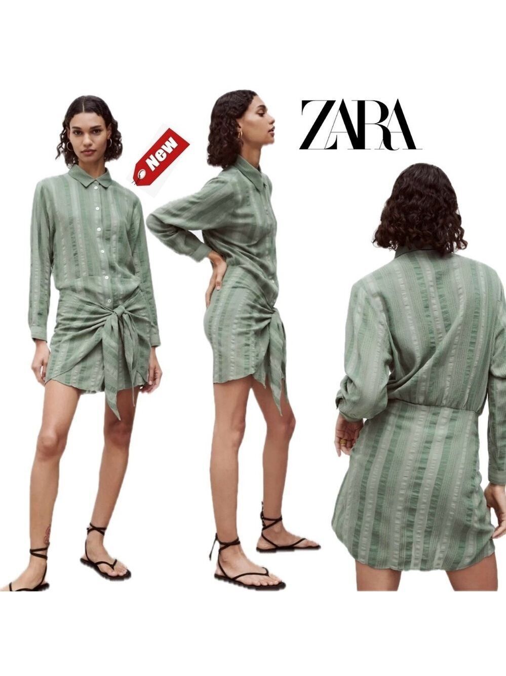 Zara Green striped wrap tie knot front mini shirt dress button front Sz S NWOT